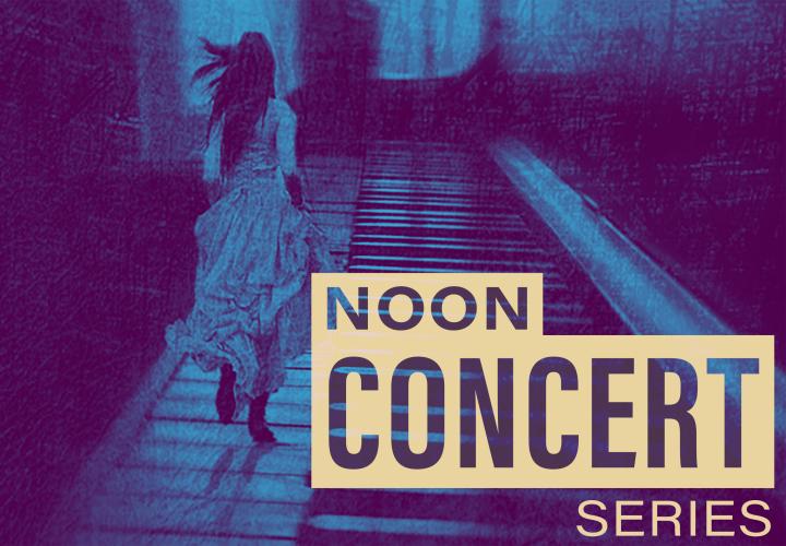 Noon Concert. Image of a woman running on a piano.