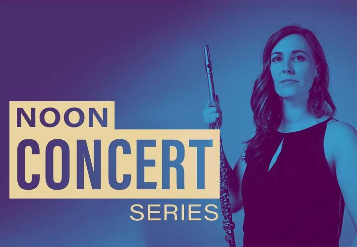 Headshot of Sarah Tiedemann of 3rd Angle New Music holding a flute. Text reads Noon Concert Series