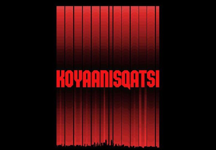 Black and red stripe pattern with the word Koyaanisqatsi