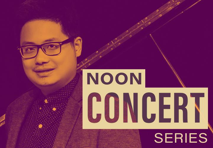 Photo of Nanyi Quiang with piano behind. Words say "Noon Concert Series."