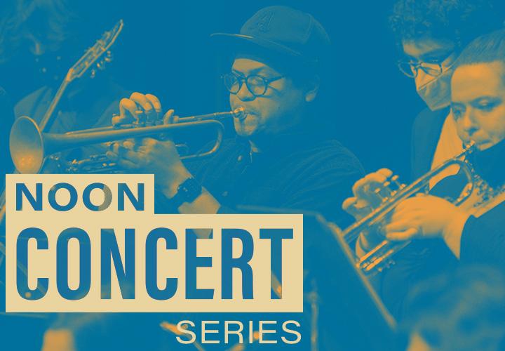 Jazz students perform instruments. Text reads "Noon Concert Series"