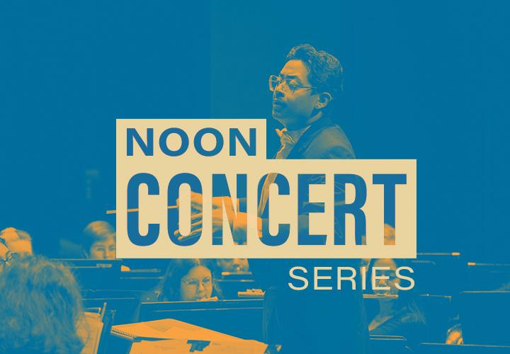 Music education student conducts an orchestra. Text reads "Noon Concert Series"