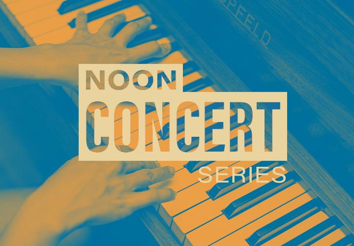 Hands on a piano keyboard. Text reads "Noon Concert Series"