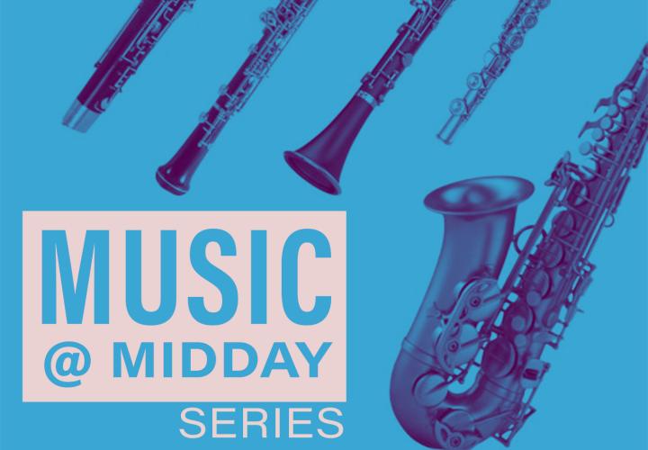 Image of multiple wind instruments. Text: Music @ Midday Series