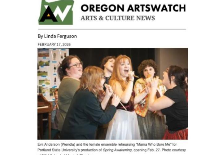 Screenshot of an Oregon Artswatch article with a picture of the female ensemble from PSU Theater Arts' "Spring Awakening."