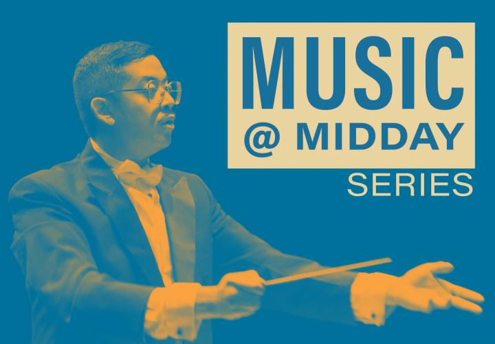 An attractive young man in a full tuxedo and wearing glasses is conducting powerfully. Text reads: Music @ Midday Series