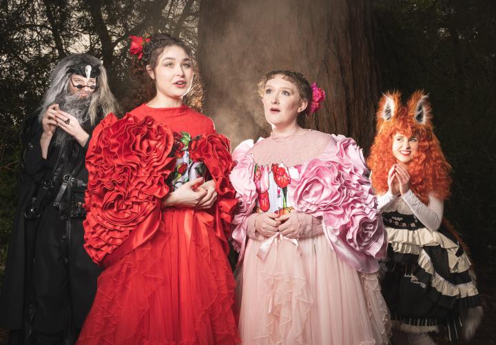 In the foreground, two women dressed in elaborate gowns singing. In the back left, a mysterious, scheming man dressed in black. In the back right a scheming, smiling woman with fox ears. There is a big tree trunk and dark forest canopy behind them.