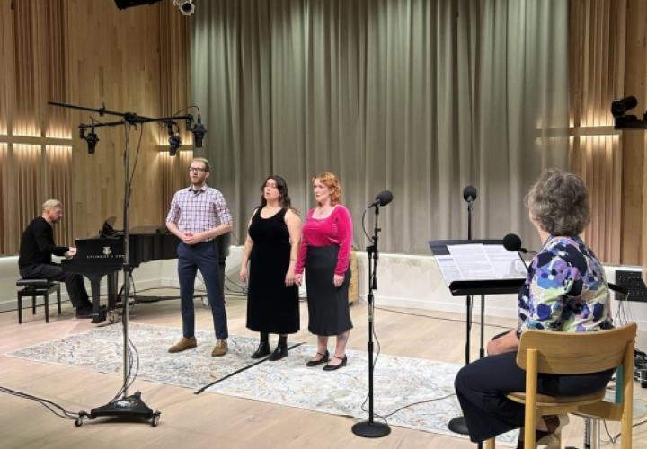 Three students and a pianist are performing in All Classical Radio's recording studio.