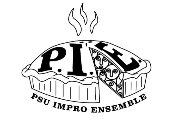 Portland State University Impro Ensemble black and white logo. A hand drawn pie with a slice cut out of it showing faces inside. The crust says P.I.E. and under the pie says PSU Impro Ensemble.