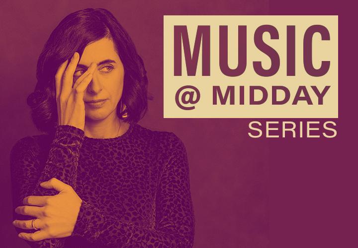 Duotone photo of Kerry Politzer partially covering her face and looking sideways. Text reads: Music @ Midday Series