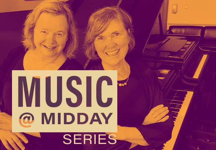 Lisa Marsh and Connie Titterington posed in front of two pianos.