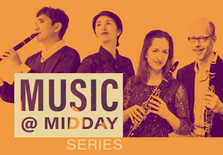 Duotone photo of Wonkak Kim, Grace Choi, Barbara Heilmeir and Gregory Barrett holding instruments. Text reads: Music @ Midday Series.