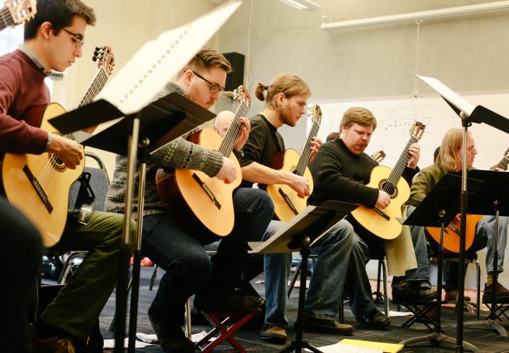 The PSU Guitar Orchestra in rehearsal
