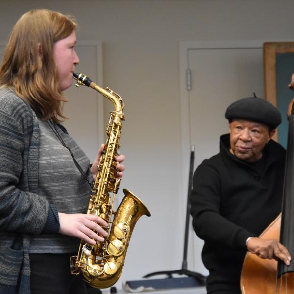 Saxophone student performing with guest clinician