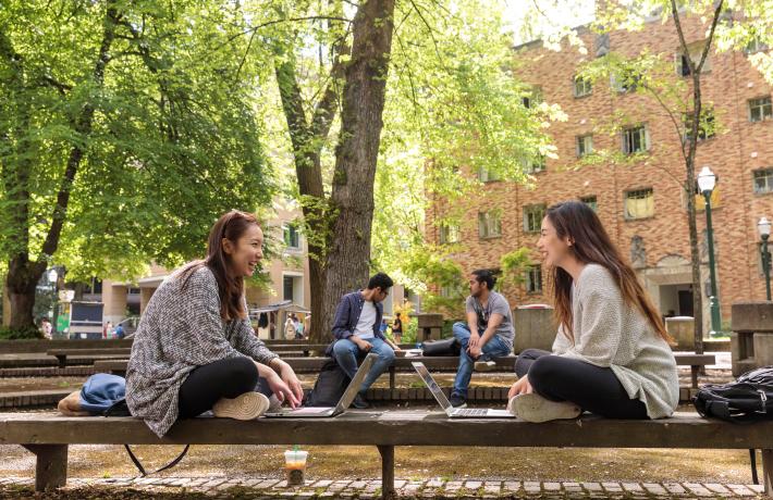Two students sit facing each other while working on their laptops in the Park Blocks.