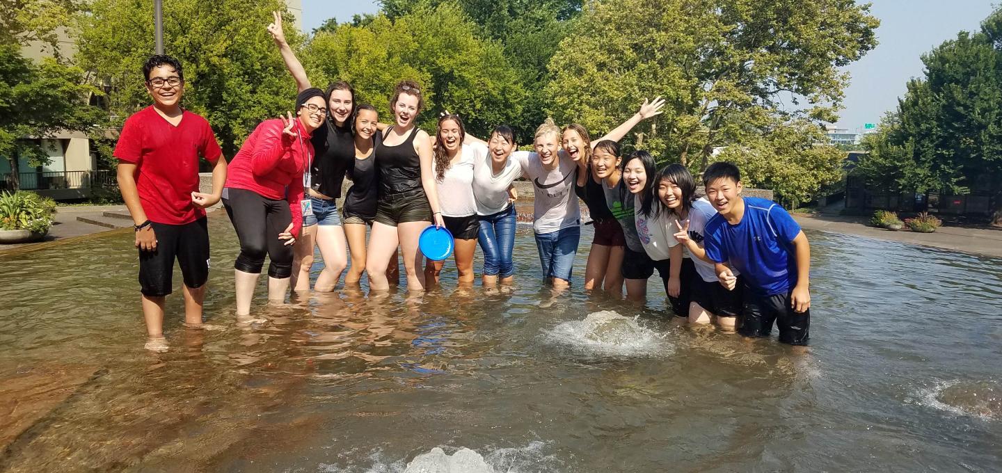 Students staying cool in local fountain