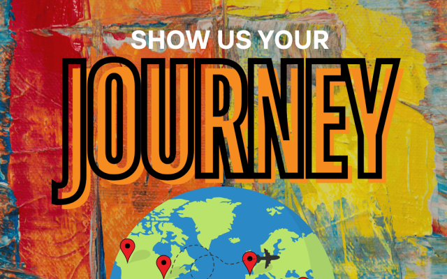 Text reading "Show us your Journey" above a globe with various checkpoints. Planes are shown dotting their way across the globe. The background is a colorful art pallet.