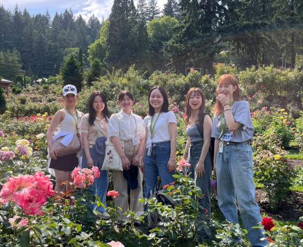 Students visiting the Rose Garden