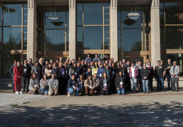 Group of students and faculty outside Hoffmann Hall for Día de Física
