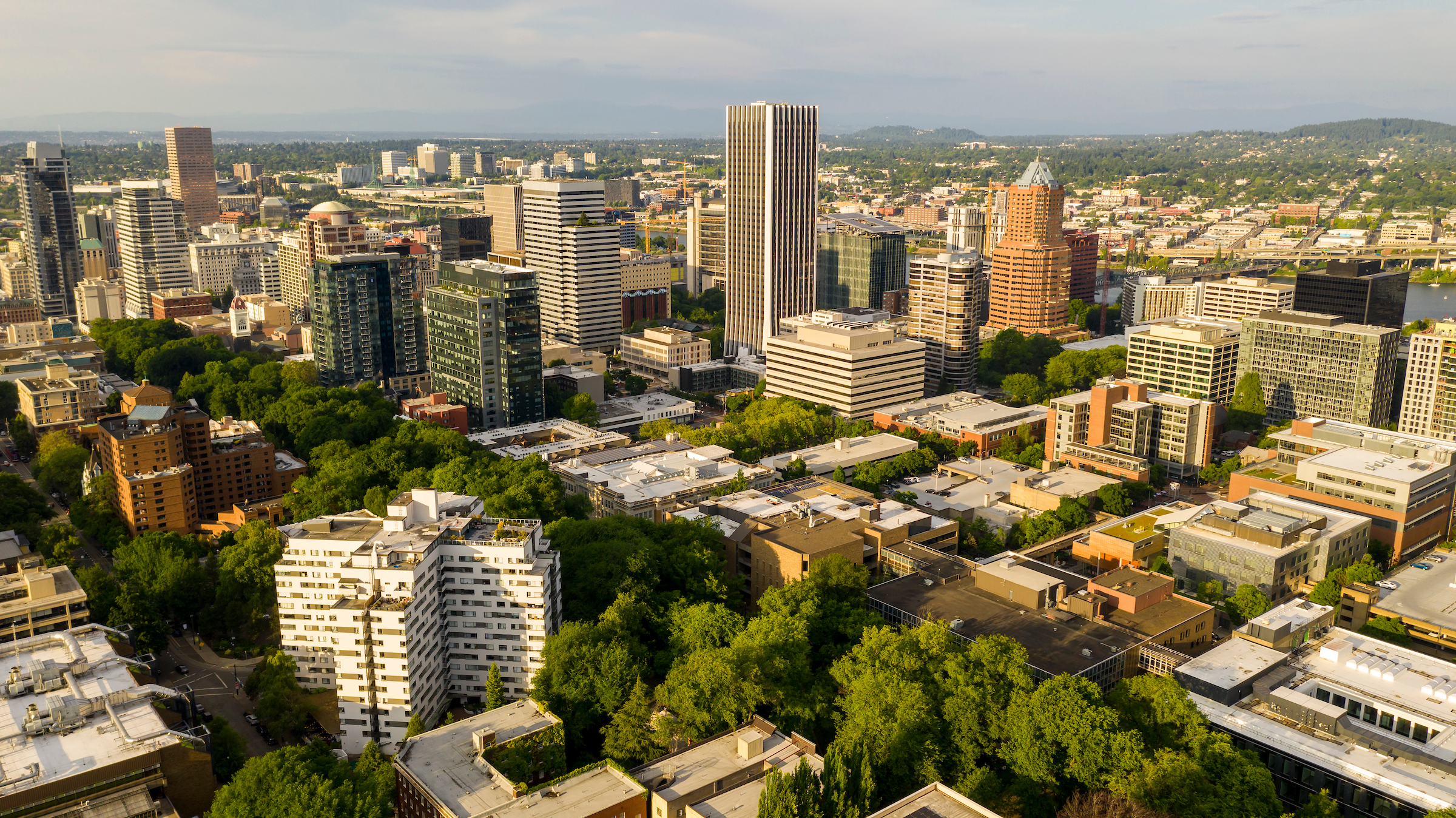 Aerial drone shot of the campus during a sunset