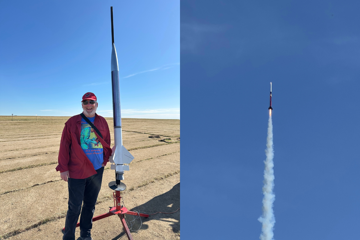 side by side pictures of Dean Bowman with rocket and rocket flying up into the sky