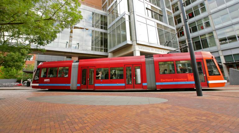 Portland Streetcar going through Urban Plaza