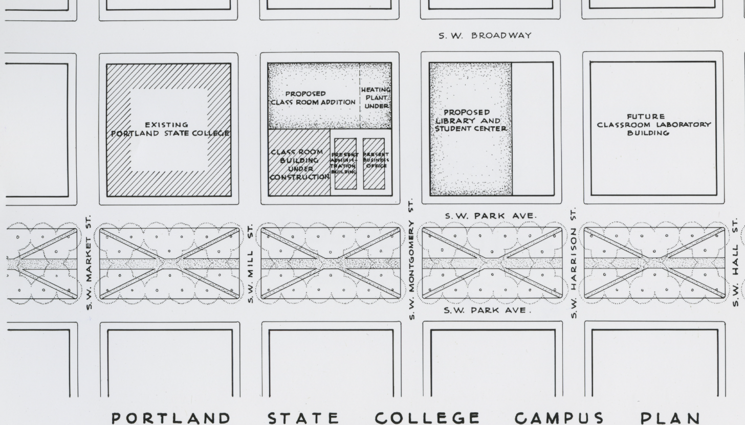 historic black and white map of portland state college campus