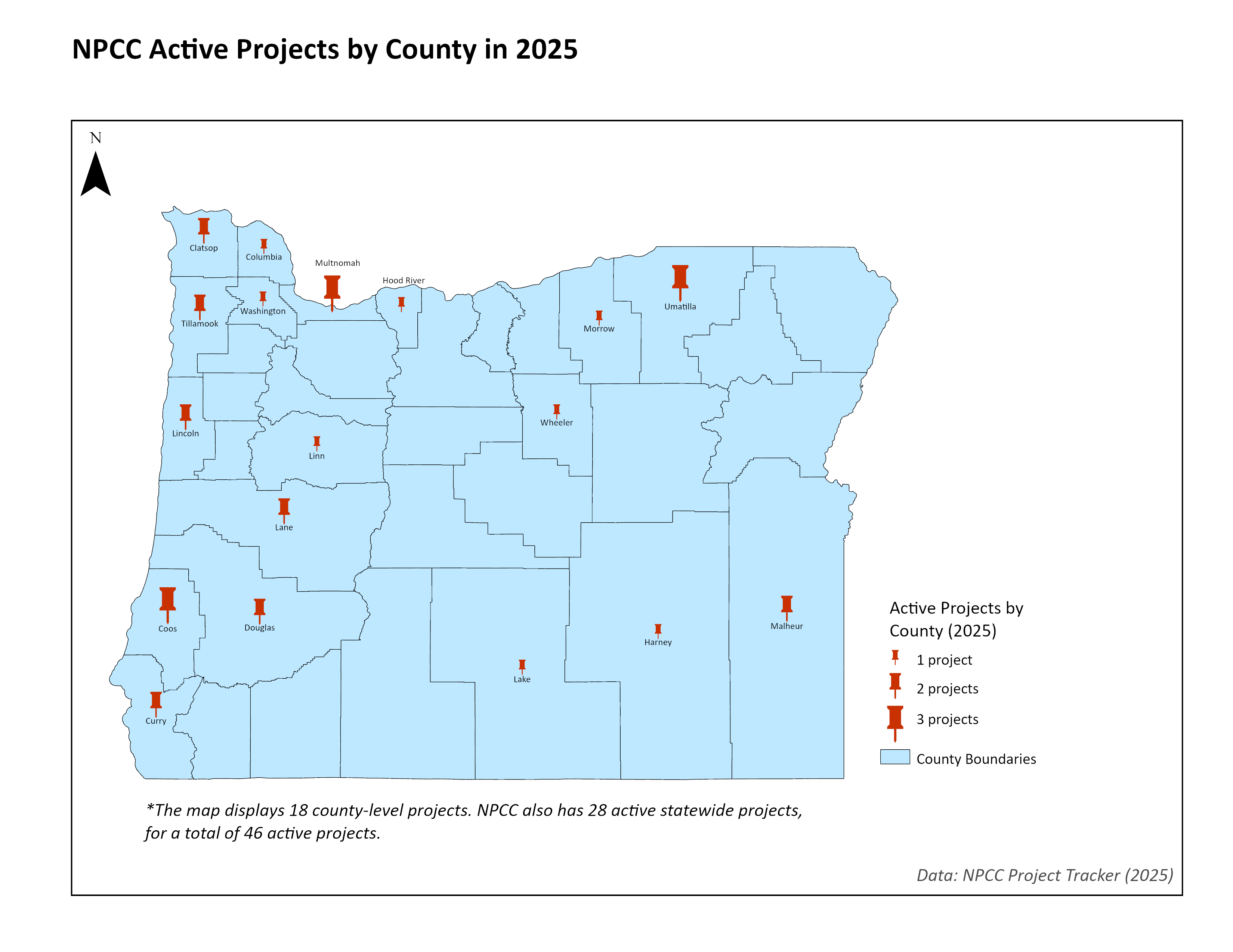 A map of Oregon with pins in various counties to indicate where NPCC projects are happening across Oregon.