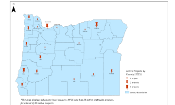 A map of Oregon with pins in various counties to indicate where NPCC projects are happening across Oregon.
