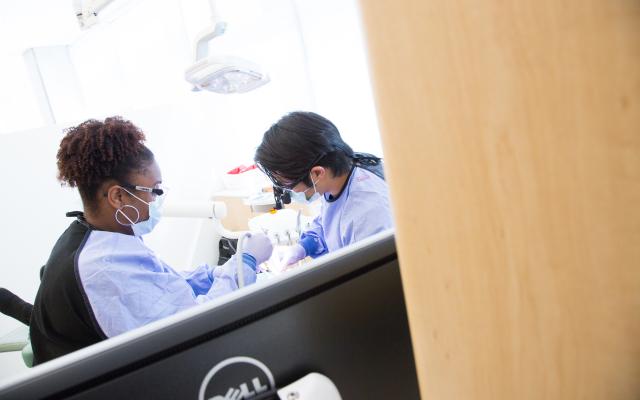 Dentist and hygienist working on a patient