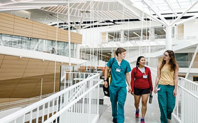 Health professional students walking through Robertson Life Sciences Building