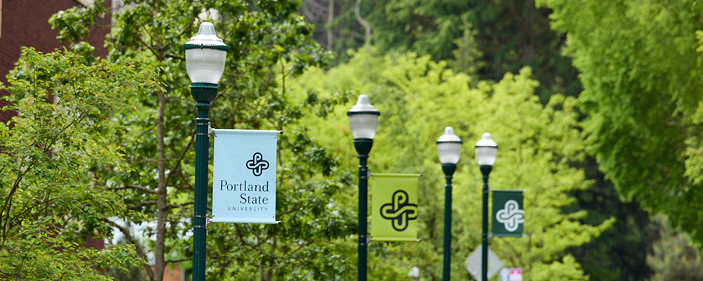 PSU streetlight banners in the Park Blocks