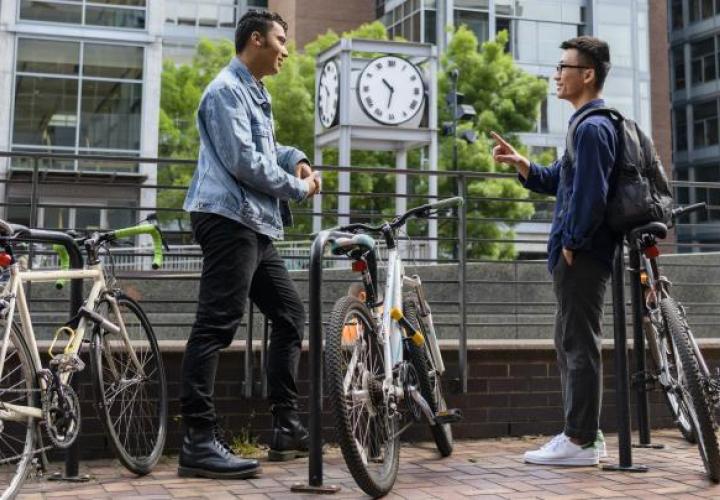 PSU students socializing in Urban Plaza