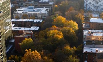 Drone shot of campus in the fall. 
