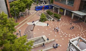 Urban plaza photographed from above in May