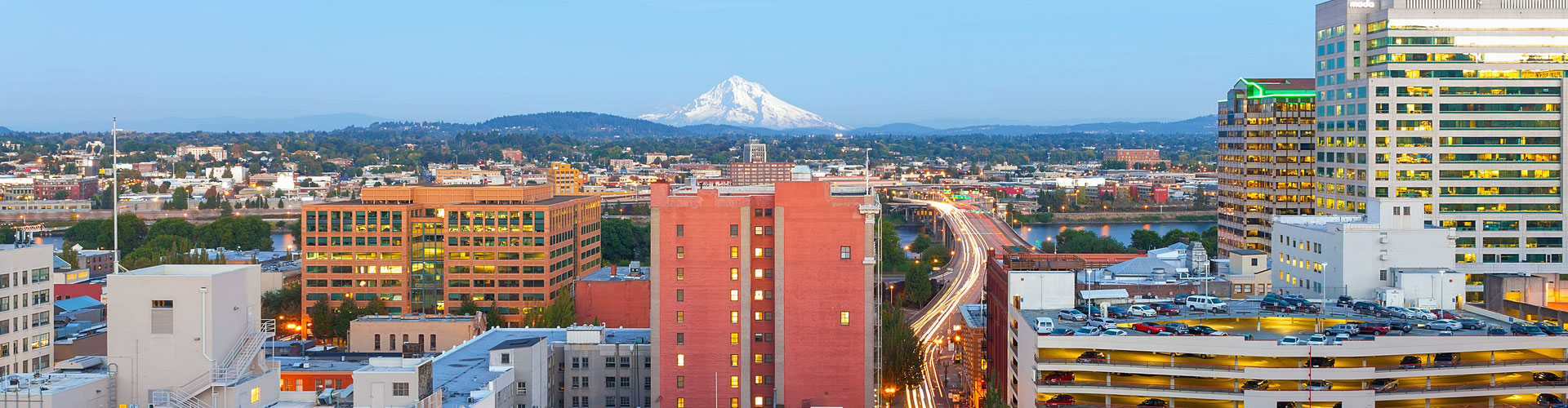 Portland Oregon downtown cityscape with Mt Hood view