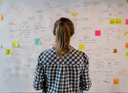 Woman in front of whiteboard covered with notes