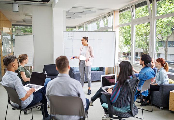 Businesswoman giving presentation to team