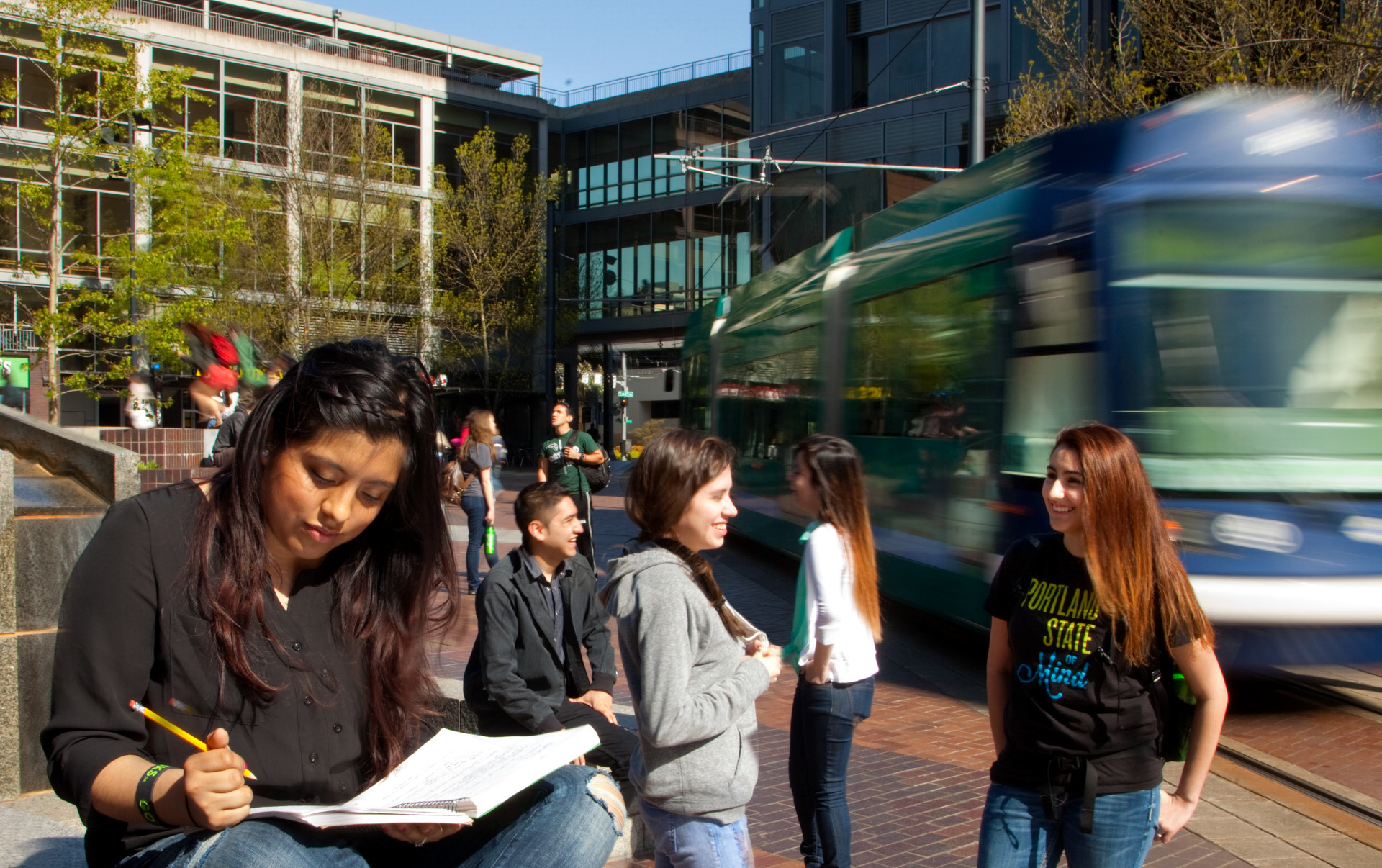 PSU online students socializing in Urban Plaza