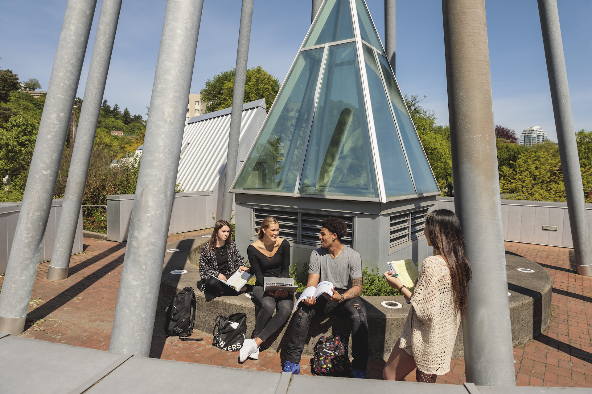 PSU online students studying on rooftop terrace