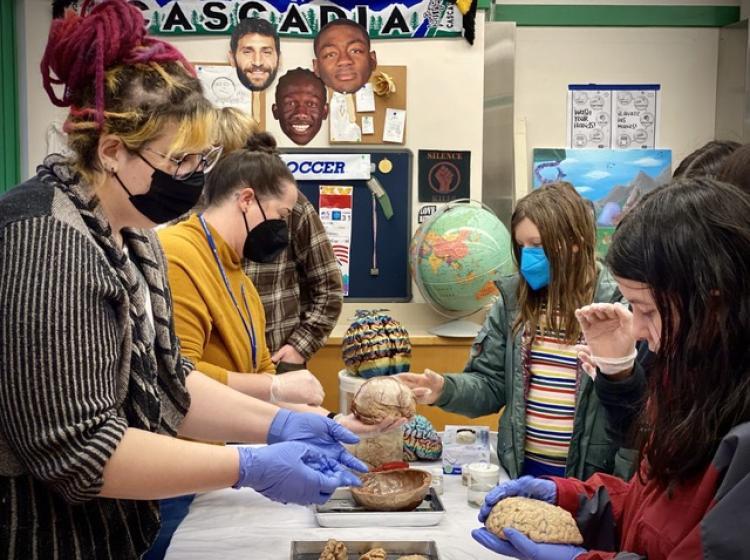 NW Noggin volunteers show brains to grade schoolers.