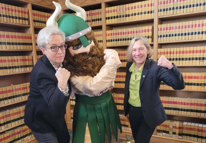 Photo of Governor Kotek, President Cudd, and Victor Viking