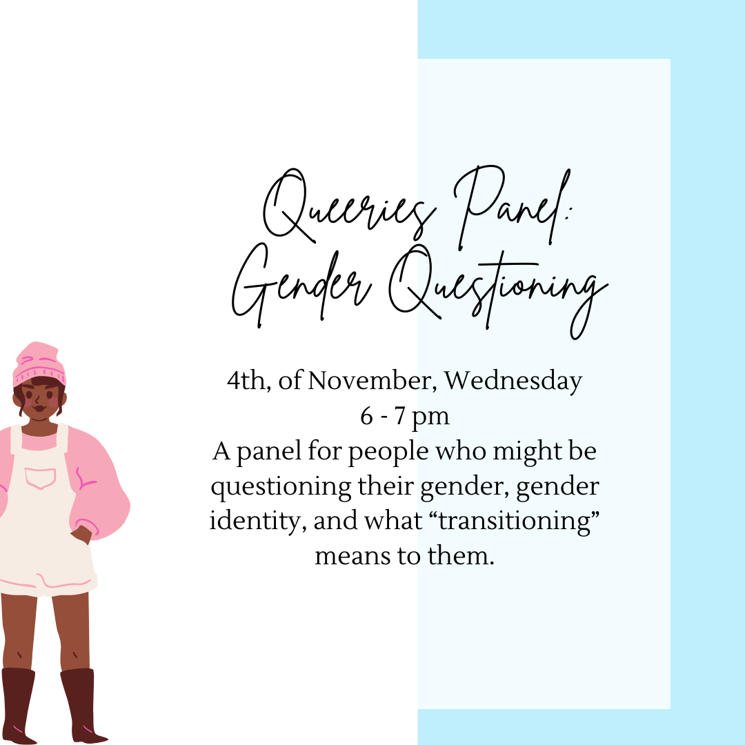a Black trans person in a pink outfit stands next to a description of a Queeries Panel Gender Questioning 
