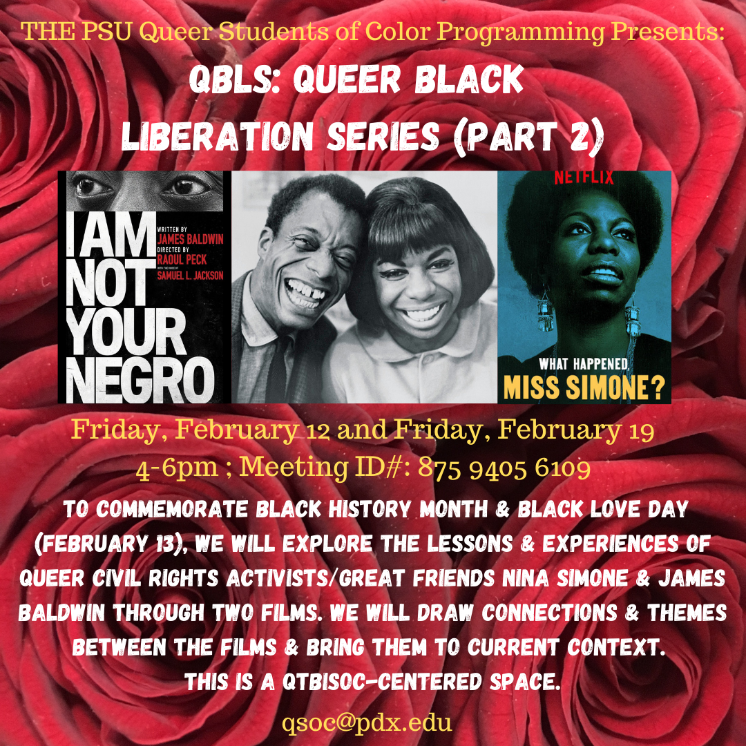 background of a roses with images of Nina Simone and James Baldwin together over the top with event information
