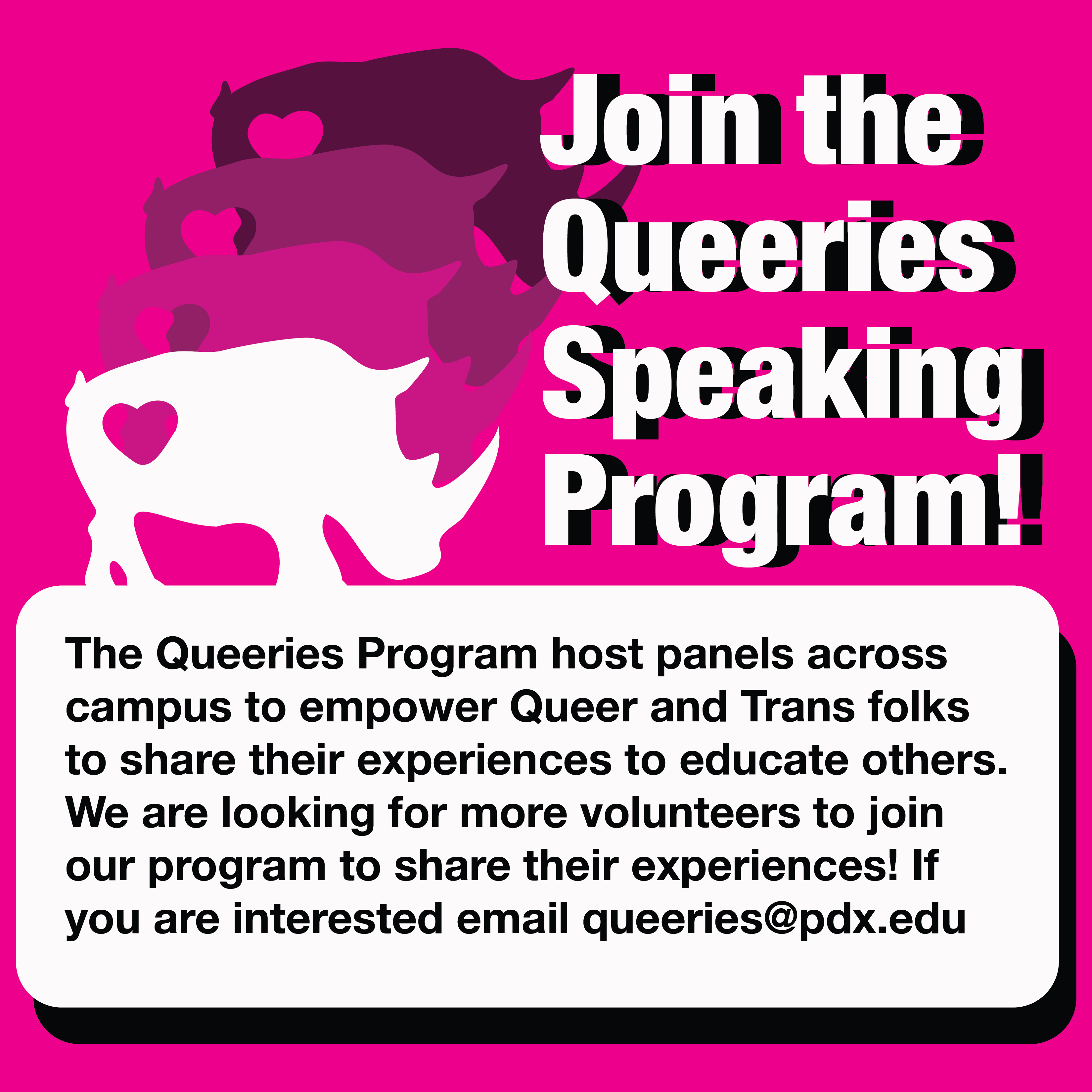 a pink image with a rhino outline gradient that reads "Queeries Speakers Program!"