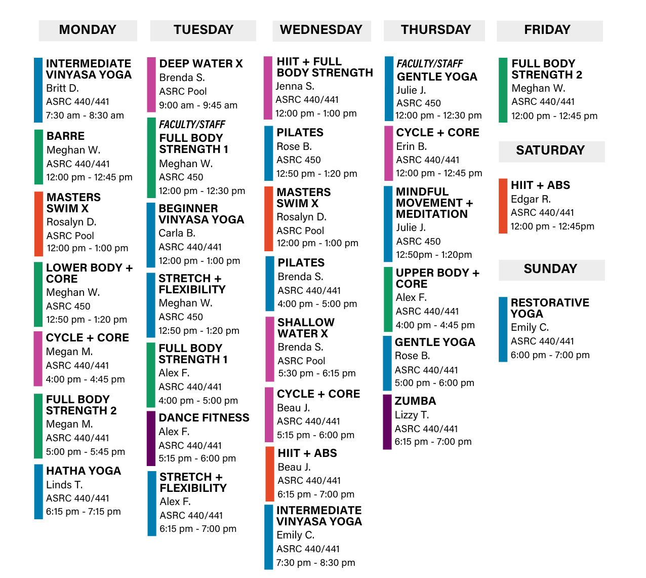 Group Fitness Visual Schedule
