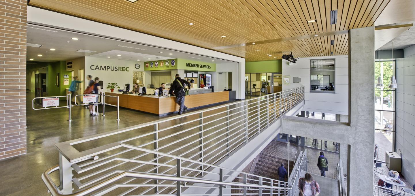 Member Services desk on the second floor of the Campus Recreation building. 