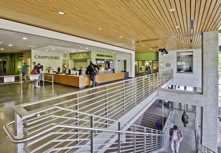 Member Services desk on the second floor of the Campus Recreation building. 