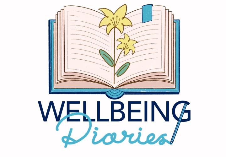 Wellbeing Diaries logo is an illustration of an open diary with blank lined pages, and yellow spring flowers growing from the pages of the diary. The words: Wellbeing Diaries are written below, with "Diaries" written in cursive and a pen placed at the end of the "s" in Diaries.