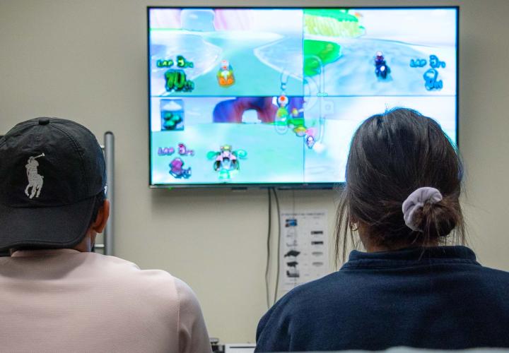 Two people playing Mario Kart on a tv.